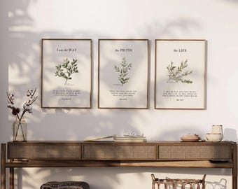 May include: Three framed prints with botanical illustrations and bible verses. The prints are titled "I am the Way", "the TRUTH", and "the LIFE". The verses are from Proverbs 3:6, John 8:32, and John 14:6.