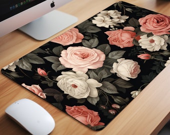 Dark Roses Desk Mat | Floral Desk Mat | Black and Pink Roses Mousepad | Botanical Mouse Pad | Vintage-style Desk Mat