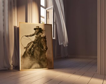 Wandbild „Düstere Cowgirl-Figur“, Westernpferde-Print – Dark Academia-Dekoration, Wohnungsdeko, Bilderwand-Set, Pferde-Wandbild, Sofort-Download