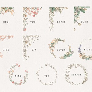 May include: Eleven floral corner and circle frames with watercolor flowers and greenery. The frames are numbered one through eleven.