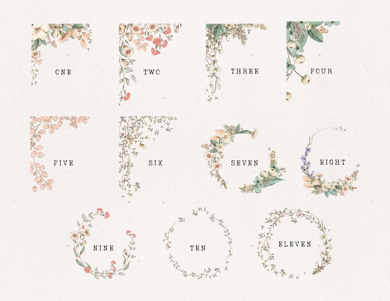 May include: Eleven floral corner and circle frames with watercolor flowers and greenery. The frames are numbered one through eleven.