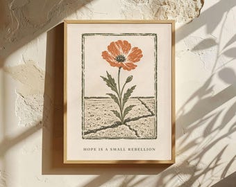Mohnblumen-Wandbild, Linolschnitt, Zitat „Hoffnung ist eine kleine Rebellion“, Terrakotta-Wandbild, Botanische Volkskunst, Resilienz-Poster