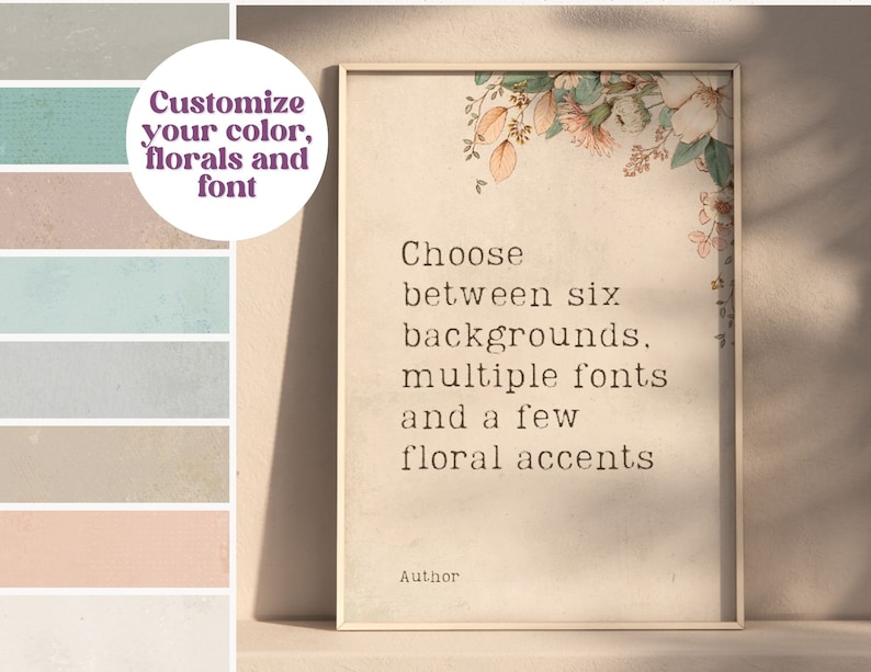 May include: A framed printable with a floral design and the text "Choose between six backgrounds, multiple fonts and a few floral accents." The text "Author" is at the bottom of the printable. The printable is on a light beige wall with a shadow.