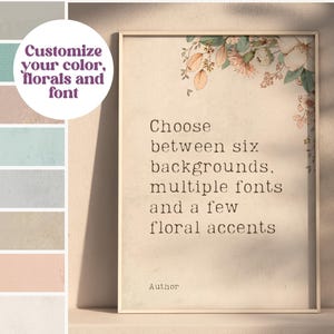 Op de afbeelding: Een ingelijste print met de tekst "Kies tussen zes achtergronden, meerdere lettertypen en een paar bloemaccenten". De print heeft bloemaccenten en een kleurenpalet van beige, roze en blauw.