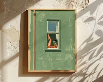 Kunstdruck „Lesende Frau“, Wandbild in Salbeigrün, Geschenk für Bücherliebhaber – Küsten-Wandbild, Dekoration für Leseecke, Strandhaus-Dekoration, Wandbild für Bücherfreunde