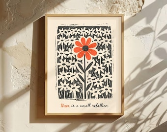 Kunstdruck im Stil der Volkskunst, Wanddekoration, „Hoffnung ist eine kleine Rebellion“, Zitat-Wandbild, Dunkelgrüne botanische Kunst, Gänseblümchen-Blockdruck, Digitaler Download