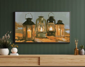 Samsung-Rahmen-TV-Kunst, Stillleben mit leuchtenden Laternen, Gemütliche Herbstdeko, Hygge, Hüttendeko, TV-Rahmenkunst, Digitale Wandkunst, Digitaler Download