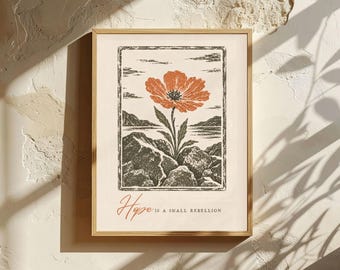 Volkskunstdruck, Türkisfarbene Wanddekoration, Hoffnung ist eine kleine Rebellion, Zitat-Wandkunst, Mohnblumen-Wandkunst, Linolschnitt, Hoffnung ist eine kleine Rebellion