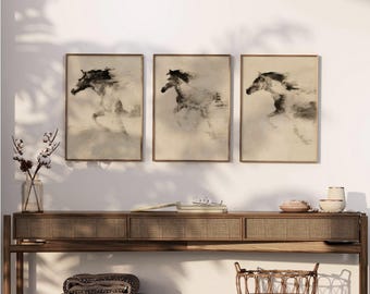 3er-Set Wandbilder mit galoppierenden Pferden, Reitsport-Dekoration – Landhausstil, Schwarz-Weiß-Pferdedruck, moderne rustikale Dekoration, gerahmte Wandbilder