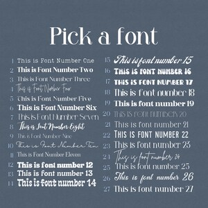 May include: A blue background with white text listing 27 different font styles. Each font style is numbered and labeled with the text "This is font number [number]"