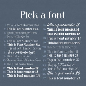 May include: A blue background with white text listing 27 different font styles. Each font style is numbered and labeled with the text "This is font number [number]"