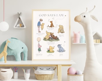 Winnie the Pooh Nursery Print: God Says I Am, Watercolor Scripture (Digital Download)