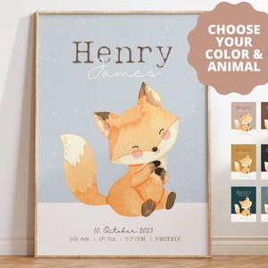 Personalized Baby Name Print: Nursery Animal Art (Birth Details)