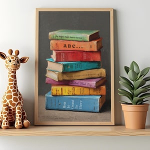 May include: A framed print of a stack of colorful books with titles like "ABC" and "How to Count to Three." The books are in shades of green, orange, red, teal, purple, yellow, and blue. A stuffed giraffe and potted plant are on a wooden shelf.