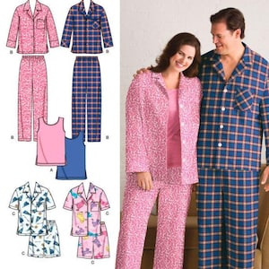 May include: Simplicity 3971 easy-to-sew sewing pattern for pyjamas. Includes illustrations of long-sleeve button-down shirts, trousers, tank tops, and short-sleeve sets with various patterns like pink floral, blue plaid, and animal prints for loungewear.