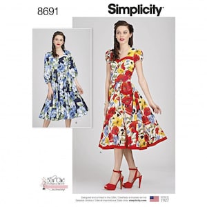 May include: Simplicity pattern 8691 featuring two dress variations. One dress has a blue floral print with three-quarter sleeves. The other dress features a vibrant red, yellow, and white floral print with short puff sleeves and a red hem trim.