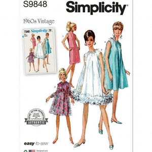May include: A Simplicity S9848 sewing pattern envelope featuring 1960s vintage dress designs. The cover displays illustrations of four dresses in pink, floral, white with feather trim, and light blue, with a smaller inset image of pattern 7340.