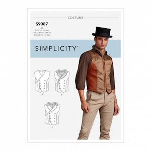 Può includere: Cartamodello per costume Simplicity S9087 che presenta un gilet con un pannello frontale a quadri marroni e marrone chiaro e pannelli laterali in tinta unita marrone. Il modello include illustrazioni di tre varianti di gilet e una foto del capo finito.