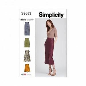 Könnte beinhalten: Simplicity Nähmuster Nummer S9683, einfach zu nähen, für einen Rock mit hoher Taille und einem Schlitz vorne. Das Muster zeigt vier verschiedene Rockstile: einen karierten Rock, einen grünen Rock, einen Blumenrock und einen burgunderfarbenen Rock.
