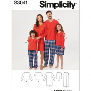 May include: Simplicity sewing pattern S3041 for easy-to-sew pyjamas. The pattern features red long-sleeve and short-sleeve henley tops paired with blue, red, and white plaid trousers or shorts. Includes technical line drawings of the garment styles.