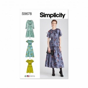 May include: Simplicity sewing pattern S9678 featuring a dress with a round neckline, short flutter sleeves, and a gathered waist. The pattern includes three variations: a long-sleeved floral dress, a short-sleeved floral dress, and a solid yellow dress.