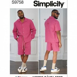 May include: Simplicity sewing pattern S9758 by Norris Dánta Ford featuring a matching magenta shirt and shorts set. The shirt has a collar and button-front closure, while the shorts feature a drawstring waist. Two views are shown, one with long sleeves and one with short sleeves, displayed on a white background.