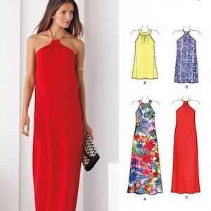 Könnte beinhalten: New Look Schnittmuster 6372 für ein Neckholder-Kleid. Das Schnittmuster enthält vier Varianten, darunter ein rotes bodenlanges Kleid, ein gelbes knielanges Kleid, ein blau-weiß gemustertes knielanges Kleid und ein florales Maxikleid.