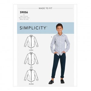 May include: Simplicity sewing pattern S9056 for a long-sleeve button-down shirt in classic, slim, and relaxed fits. The package displays technical line drawings of the three shirt styles and a photograph of a shirt in a light blue patterned fabric.