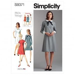 May include: Simplicity sewing pattern S9371 for 1960s vintage dresses. The envelope features illustrations of three dress variations in red, blue, and white, and a photograph of a grey long-sleeved dress with a white collar and black bow tie.
