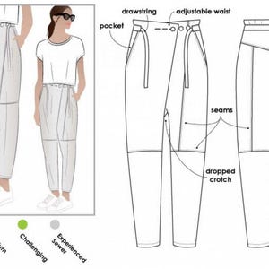 May include: A technical fashion illustration of pants featuring a wrap-style front, drawstring, adjustable waist, pockets, seams, a dropped crotch, and an elastic back. The diagram includes labels for these features and shows the pants on a figure.
