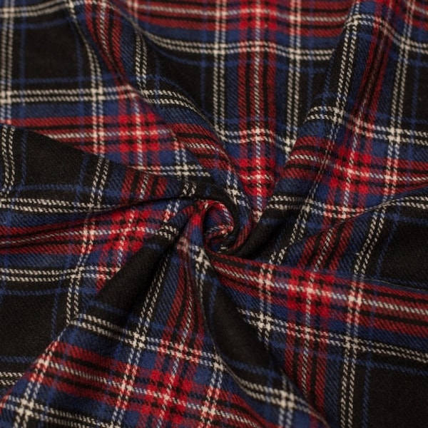 Minerva Clan Tartan Wool Coating Fabric - Black Stewart Checks Pattern - Width 150cm / 60" - per metre