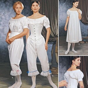 Peut inclure: Patron Simplicity 1139 pour sous-vêtements blancs comprenant une chemise froncée à épaules dénudées, un corset structuré à laçage frontal avec œillets, et des caleçons mi-mollet avec ourlets en dentelle et rubans bleus ou roses.
