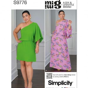 May include: Simplicity sewing pattern S9776 featuring two one-shoulder dresses. One dress is a short, bright green design, and the other is a long, lavender floral print. The pattern is easy-to-sew and designed and printed in the USA.