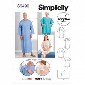 Peut inclure: Patron de couture Simplicity S9490 pour vêtements adaptatifs avec fermetures auto-agrippantes. Le patron comprend des modèles de robe à manches longues, de tunique à manches courtes et de haut type poncho, avec des schémas techniques.
