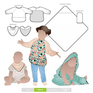 May include: A sewing pattern illustration featuring a sleeved bib, bandana, hooded towel, and wash mitt. The graphic shows a child wearing the bib, a baby wearing the bandana, and a baby wrapped in the hooded towel, with a difficulty level indicator.