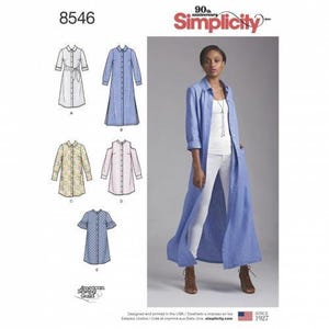 May include: Simplicity sewing pattern 8546 featuring five variations of a button-front shirt dress. The illustrations show options with varying sleeve lengths, hem lengths, and shoulder cutouts. A blue long-sleeve shirt dress is shown as a sample.