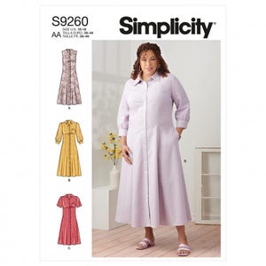 Può includere: Cartamodello Simplicity S9260 per un abito abbottonato con colletto, maniche lunghe e gonna ampia. Il modello include tre varianti: un abito floreale senza maniche, un abito giallo con maniche a tre quarti e un abito rosso a maniche corte.