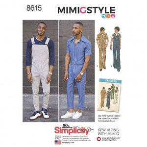 Könnte beinhalten: Eine Simplicity 8615 Mimi G Style Schnittmusterhülle mit Illustrationen und Fotos von zwei Kleidungsstilen: gestreifte Latzhose über einem Langarmshirt und ein kurzärmeliger Jumpsuit mit Gürtel. Der Text enthält 8615, MIMIGSTYLE und Simplicity.
