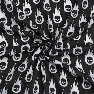 Minerva Printed Polycotton Fabric - Black Gothic, Skulls Pattern - Width 110cm / 44&quot; - per metre