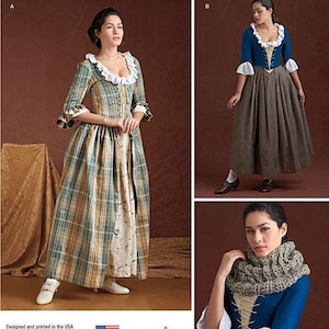Puede incluir: Sobre de patrón de costura Simplicity 8161 con dos variaciones de vestido. La vista A muestra un vestido a cuadros con escote con volantes. La vista B presenta un corpiño azul con falda marrón y volantes blancos. Incluye un proyecto de cuello tejido.