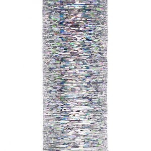May include: A spool of Gütermann Holoshimmer thread featuring a holographic, iridescent silver finish that reflects multiple colours. The spool has white plastic caps on the top and bottom, with the text Gütermann on top and Holoshimmer 200 m on bottom.