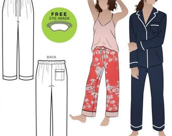 Puede incluir: Una ilustración de patrón de costura que muestra pantalones de pijama con cordón, una camisola con pantalones de estampado floral y un conjunto de pijama abotonado con antifaz. Incluye vistas frontal y trasera de los pantalones y nivel medio.