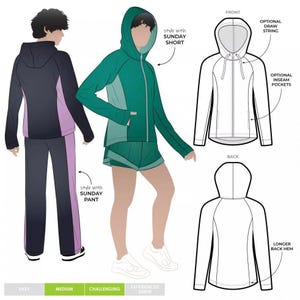 May include: A hooded zip-up jacket with raglan sleeves, shown in green and black colorways. Technical line drawings illustrate front and back views, highlighting an optional drawstring, optional inseam pockets, and a longer back hem.