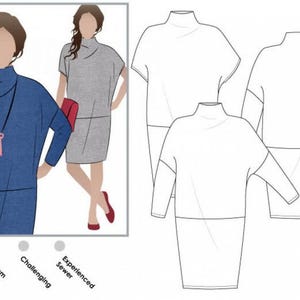 May include: A sewing pattern illustration featuring a mock neck dress with drop shoulders and long sleeves. The image displays a blue version and a gray version on figures, alongside black and white line drawings of the garment's front and back.