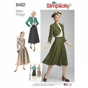 Könnte beinhalten: Simplicity Schnittmuster 8462 für Vintage-Kleidung aus den 1940er Jahren mit einer kurzen Jacke und einem hoch taillierten A-Linien-Rock. Die Abbildungen zeigen Variationen in Grün- und Beigetönen, inklusive eines Modells im olivgrünen Set.