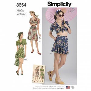 May include: Simplicity pattern 8654 for 1940s vintage clothing. The envelope displays illustrations and a photograph of a two-piece outfit featuring a tie-front short-sleeve crop top and a high-waisted skirt. The designs include floral and polka dot patterns.