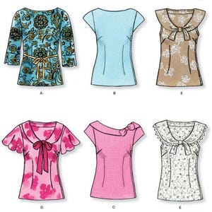 Pode incluir: Um envelope de molde de costura New Look 6808 apresentando ilustrações de seis designs de blusas diferentes. As blusas incluem vários comprimentos de manga, decotes e padrões, como estampas florais, cores sólidas e detalhes de laços, rotulados A, B, C, D e E.