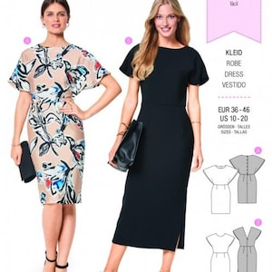 Op de afbeelding: Een naaipatroon voor een jurk met twee verschillende stijlen. De eerste stijl is een jurk met bloemenprint met korte mouwen en een aansluitende pasvorm. De tweede stijl is een effen zwarte jurk met korte mouwen en een aansluitende pasvorm. Het patroon is voor maten EUR 36-46 en US 10-20.