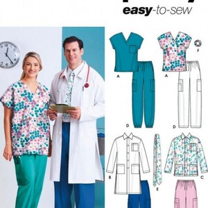 Könnte beinhalten: Simplicity 5443 easy-to-sew Schnittmusterumschlag mit Illustrationen von medizinischer Kleidung, darunter V-Ausschnitt-Oberteile, Hosen mit Taschen und ein Laborkittel. Das Cover zeigt eine Person in einem Blumenoberteil und einer blaugrünen Hose.