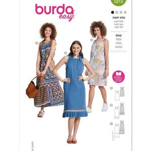 May include: A Burda Easy 5810 sewing pattern envelope featuring three variations of a sleeveless dress with tie-shoulder straps. The designs include a blue dress with a ruffled hem, a patterned dress with a shell print, and a long tiered dress.